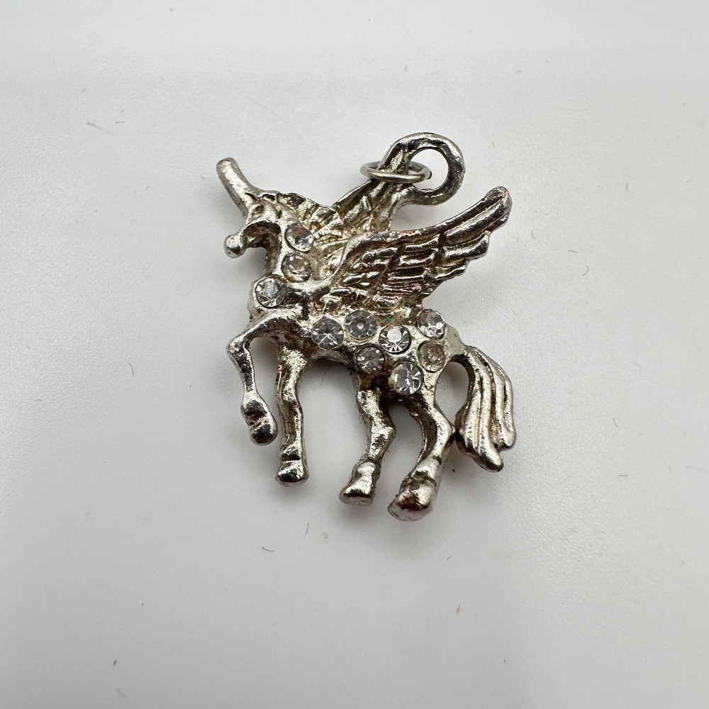 Vintage Y2K Silver Tone Clear Rhinestone Pegasus Unicorn Pendant Women's Jewelry